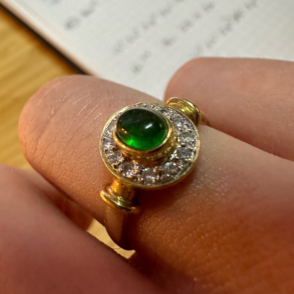 Antique Green and Gold Ring with Emerald and Diamond Halo - Picture 2 of 4